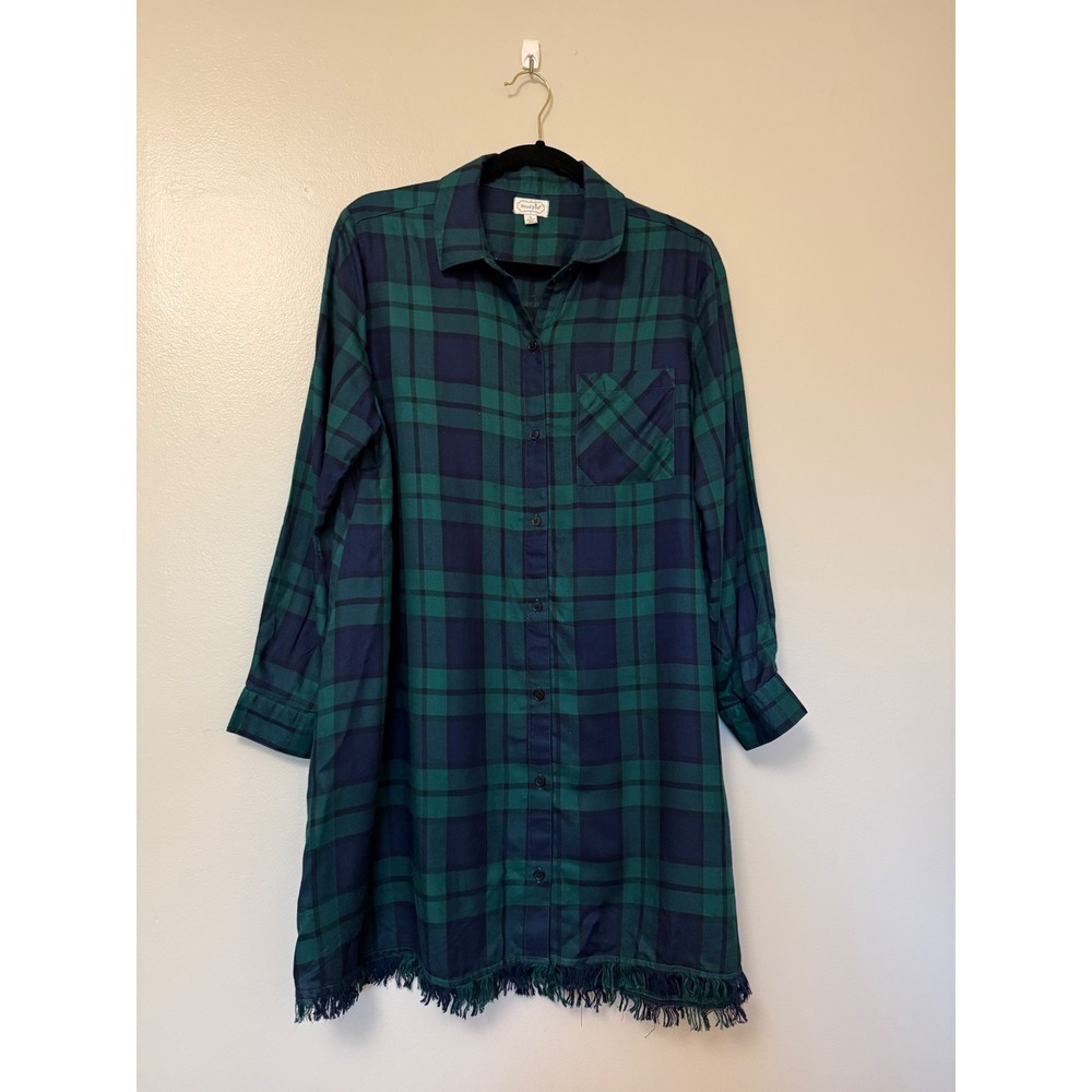 Mud Pie Womens Blue Green Plaid Fringed Hem Button Down Shirt Dress Small
